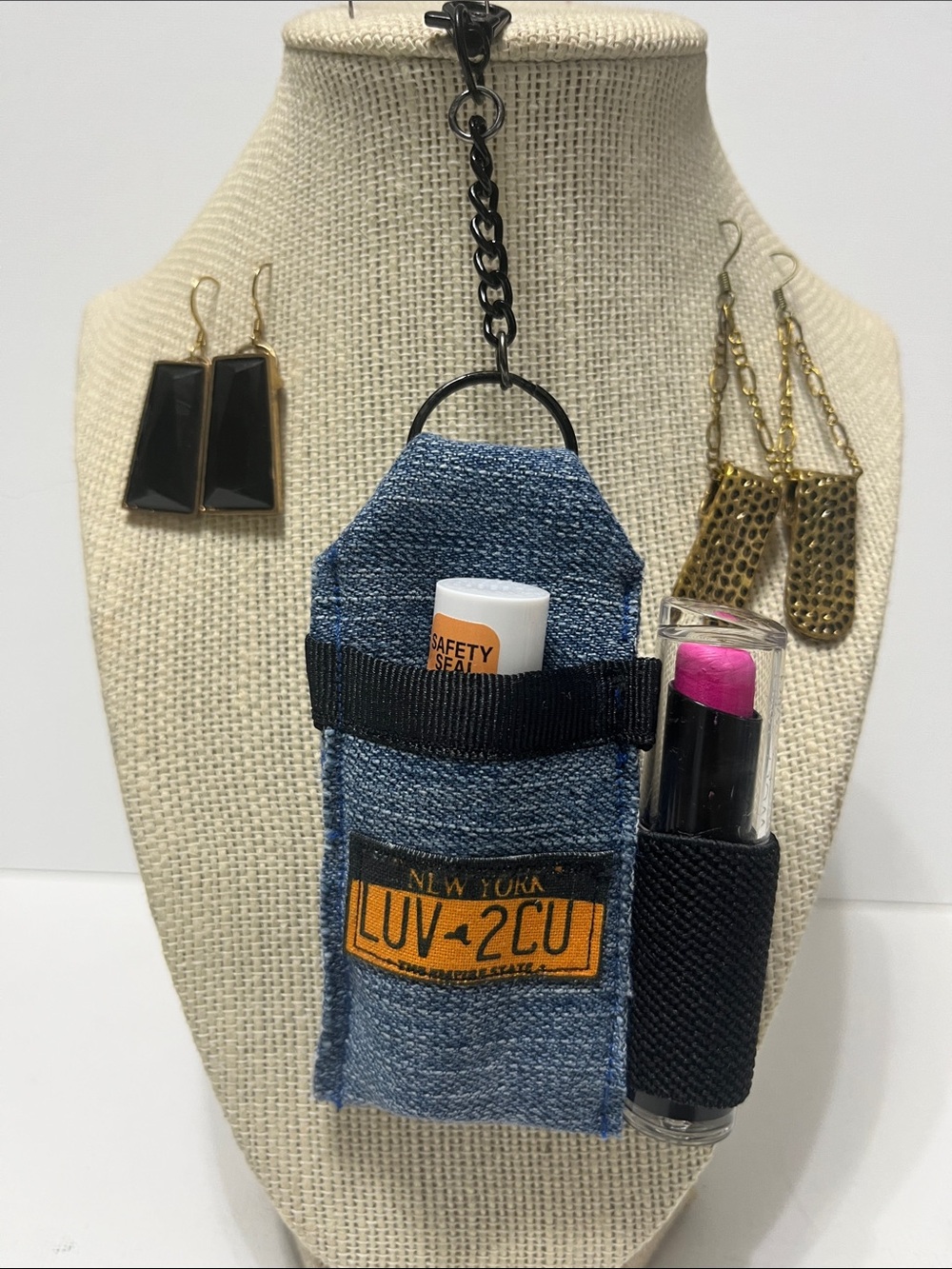 Gift Set Double Denim Lipstick Lip Balm Holder Keychain New York 2 pr Earrings